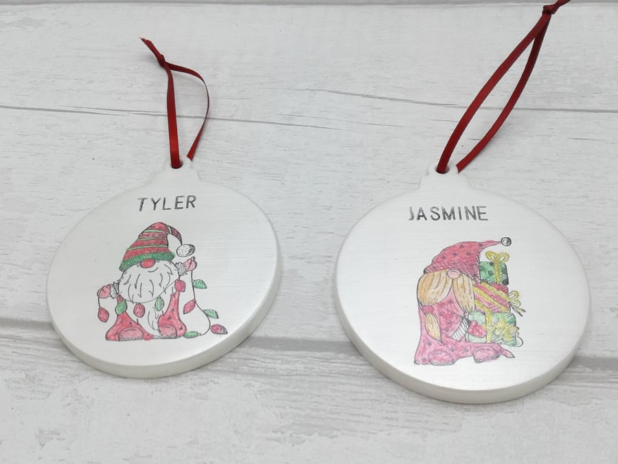 Christmas decoration. Personalised ceramic decoration. Gnome. Gongs. Keepsake.