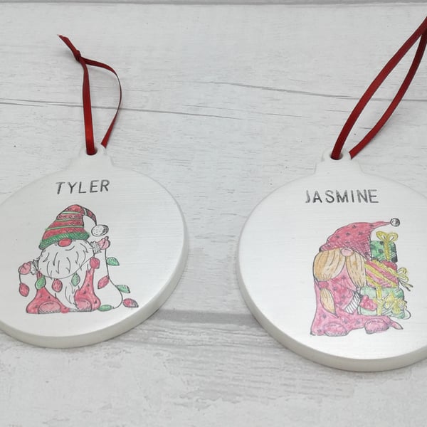 Christmas decoration. Personalised ceramic decoration. Gnome. Gongs. Keepsake.