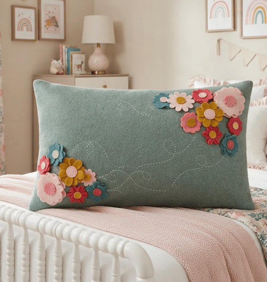 Image of Felt Flower Throw Pillow, Sage Green Decorative Cushion - Luxury Home Decor