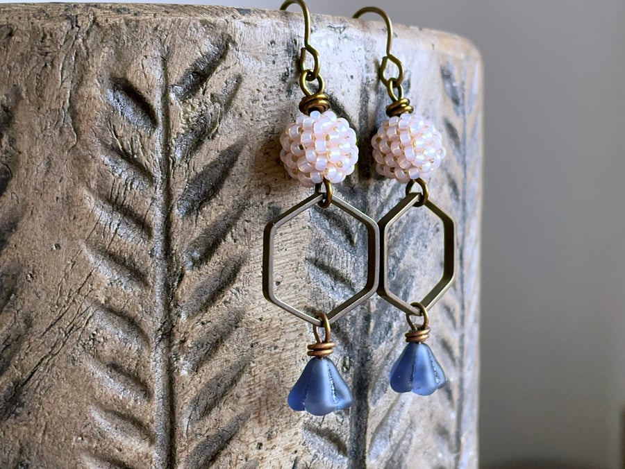 Hand Antiqued Brass Hexagon Earrings - Artisan Beaded Bohemian Jewellery 