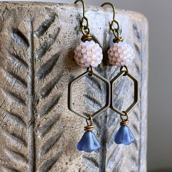 Hand Antiqued Brass Hexagon Earrings - Artisan Beaded Bohemian Jewellery 