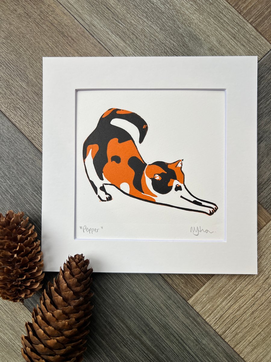 Stretching cat original reduction lino print - Folksy