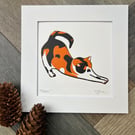 Stretching cat original reduction lino print 