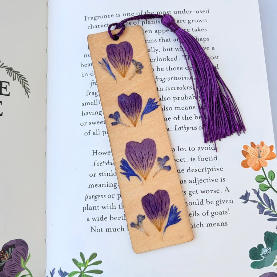 Pressed Flower Wooden Bookmark, Geranium Petals