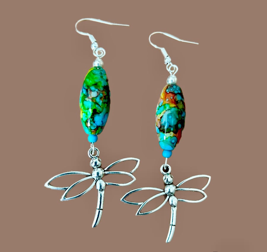 Silver Dragonfly Dangle Earrings - Harlequin Oval Glass Beads Freepost
