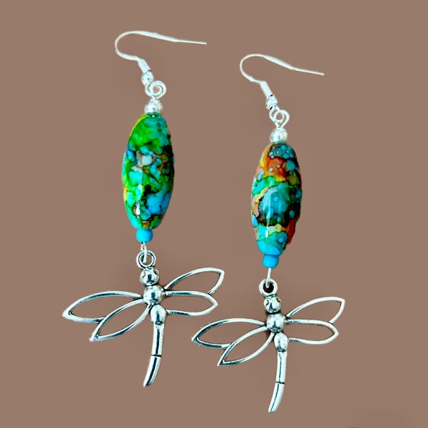 Silver Dragonfly Dangle Earrings - Harlequin Oval Glass Beads Freepost
