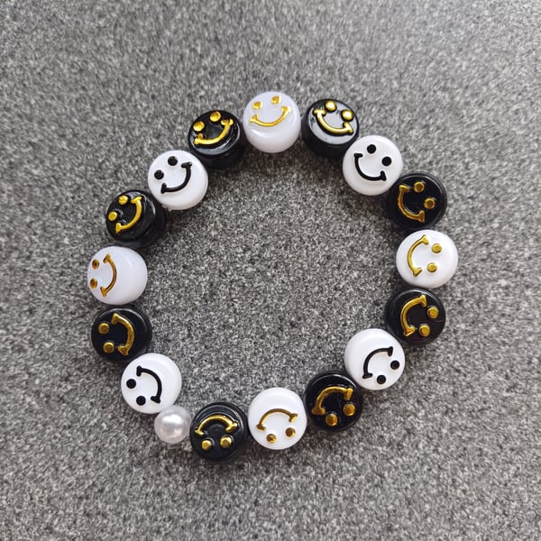 Black, white and gold smiley face bracelet, gift idea, unisex bracelet 