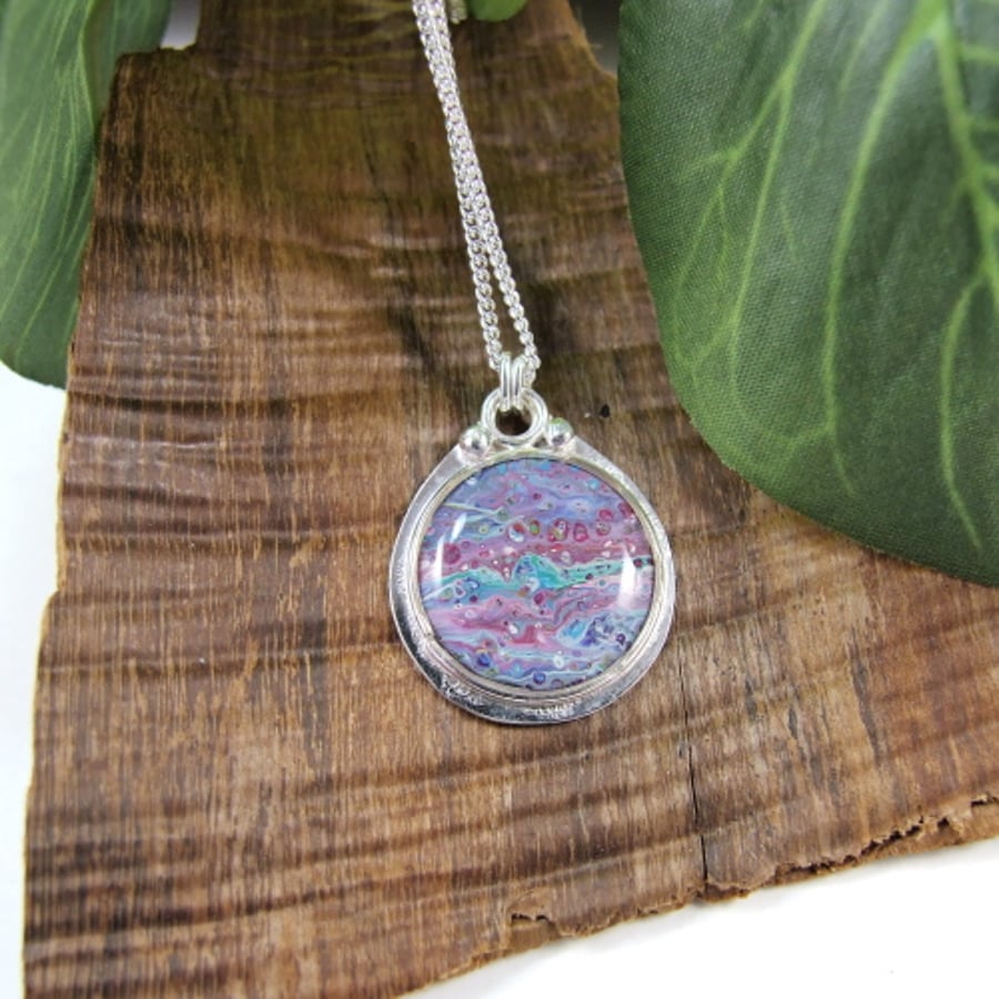 Sterling Silver Pendant. Hand Painted Purple and Blue Necklace