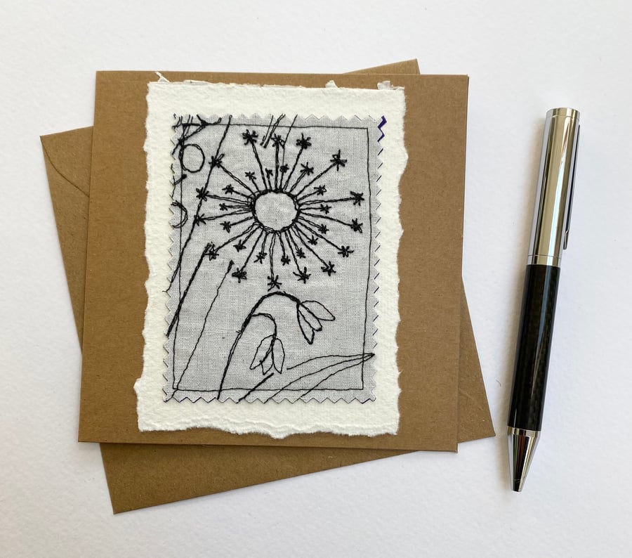 Up-cycled embroidered dandelion head  and harebell garden card. 
