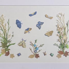 Large Framed Papercut Picture with Butterflies, Moths and Beetles.
