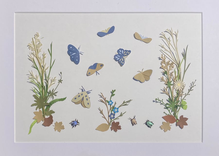 Large Framed Papercut Picture with Butterflies, Moths and Beetles.