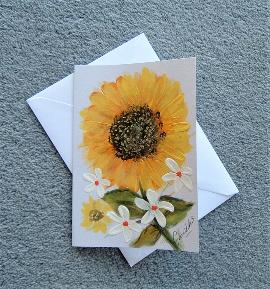 sunflower original art hand painted blank greetings card ( ref F 256 )