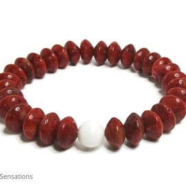 Red Sponge Coral Rondelles & Snow White Agate Beaded Fashion Bracelet