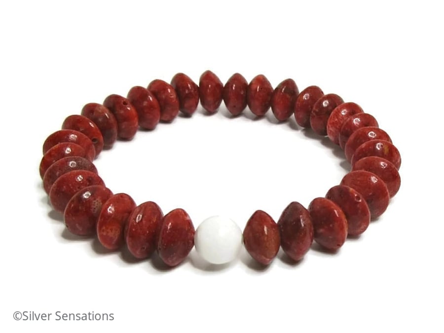 Red Sponge Coral Rondelles & Snow White Agate Beaded Fashion Bracelet