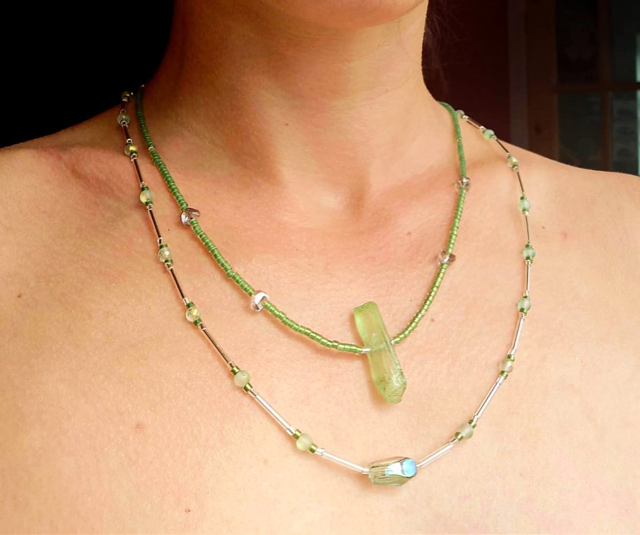 Green Quartz Pendant Necklace and Matching Bracelet Set Handmade Green 