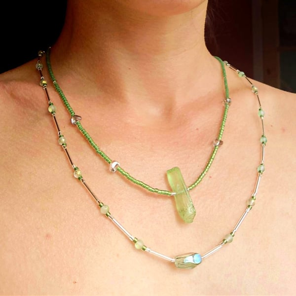 Green Quartz Pendant Necklace and Matching Bracelet Set Handmade Green 