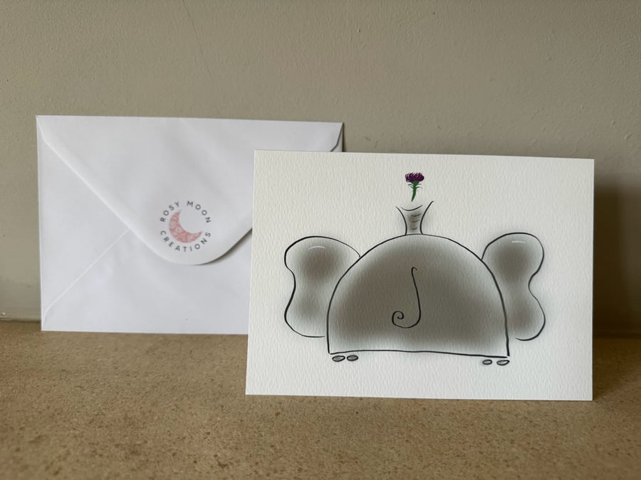 November Birthday Card, Chrysanthemum and Elephant. 