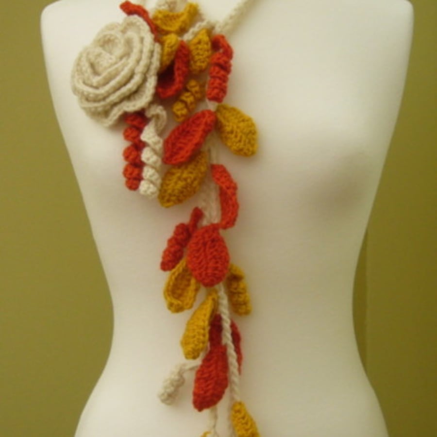 Lariat Scarf Necklace in Crochet with Autumn leaves and Cream Rose