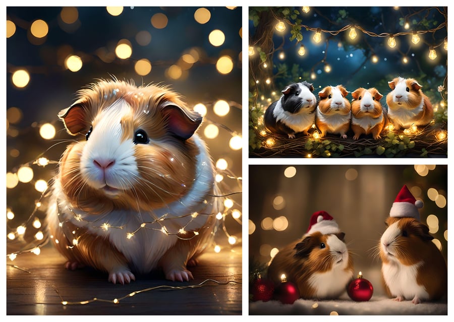 Pack of 3 mixed A5 Christmas Cards Guinea Pig Lights 