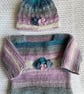 Knitted hydrangea baby jumper and matching hat set