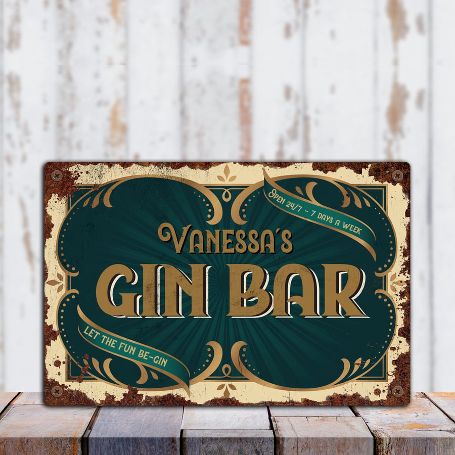 Vintage PERSONALISED Gin Bar Metal Sign, Tin Sign, Metal Plaque, Home Bar Plaque