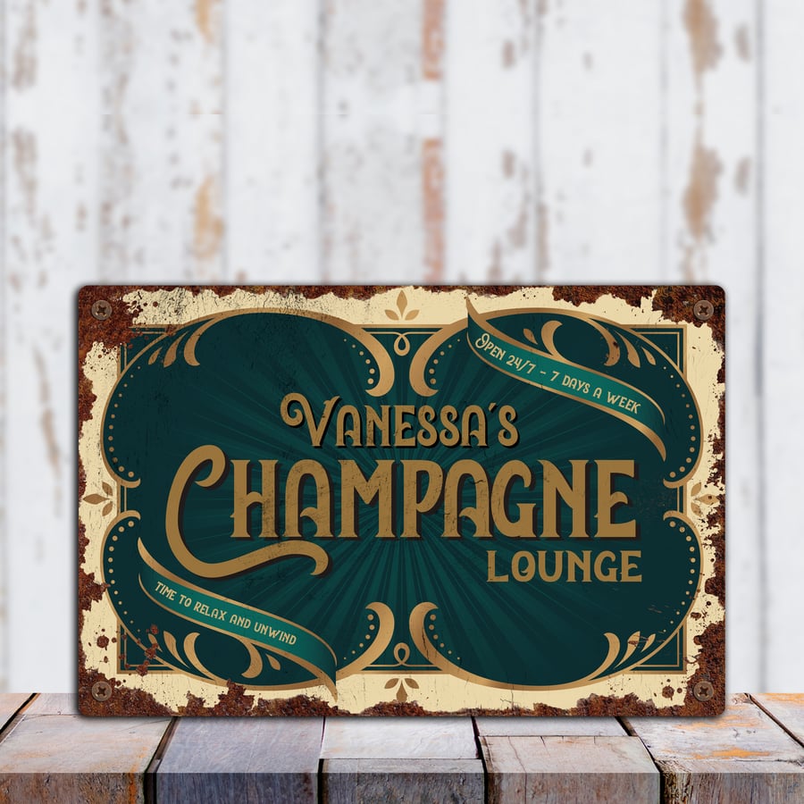 Vintage PERSONALISED Champagne Lounge Metal Sign, Tin Sign, Metal Plaque,