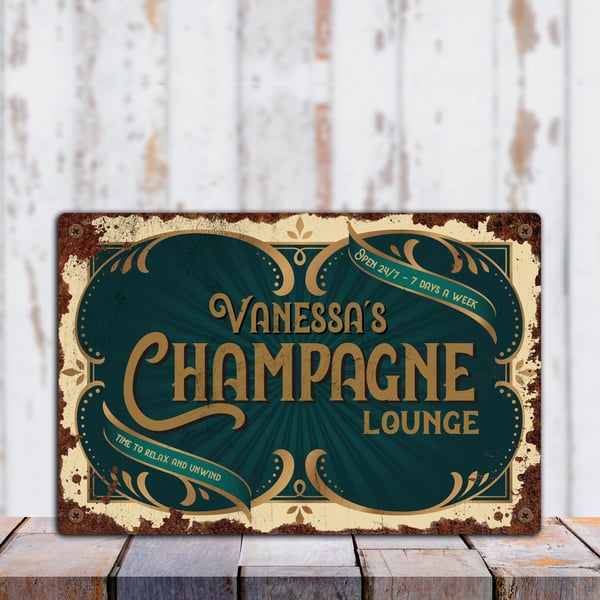Vintage PERSONALISED Champagne Lounge Metal Sign, Tin Sign, Metal Plaque,
