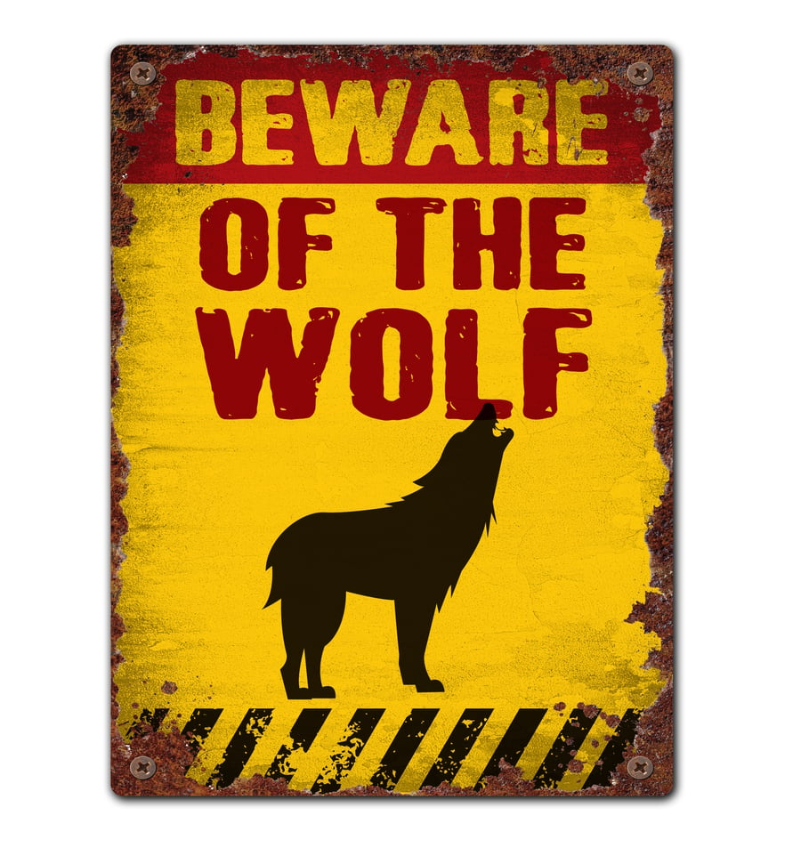 Vintage Style Beware of the Wolf Tin Sign, Warning Sign, Danger Sign