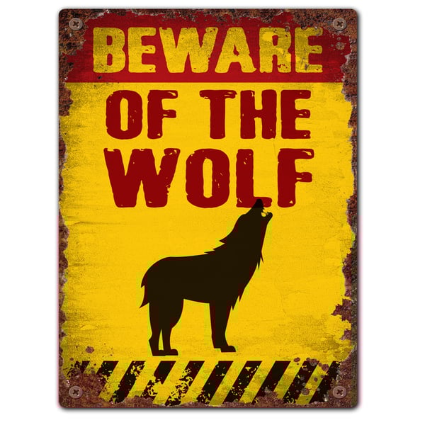 Vintage Style Beware of the Wolf Tin Sign, Warning Sign, Danger Sign