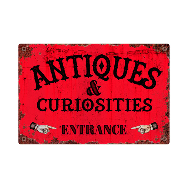 Vintage Antique Shop Sign, Antiques & Curiosities Metal Plaque