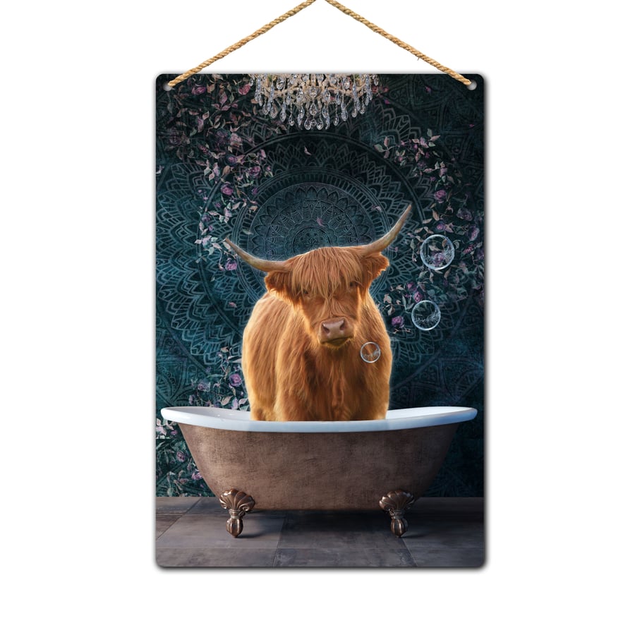 Highland Cow in bath Tin Sign, Bathroom Wall Plaque, Wall Art