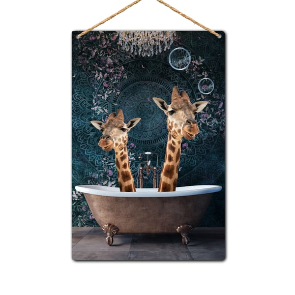 Giraffes in bath Tin Sign, Bathroom Wall Plaque, Wall Art