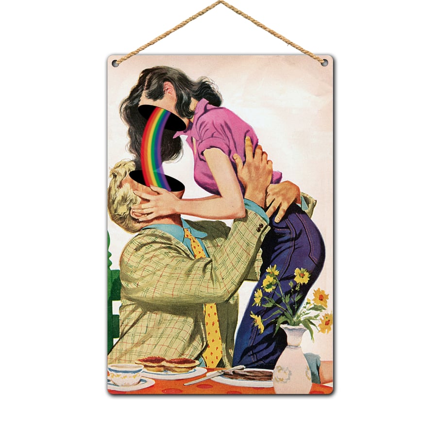 Sci-Fi Collage design Retro Metal Plaque, Rainbow Faces SciFi Art