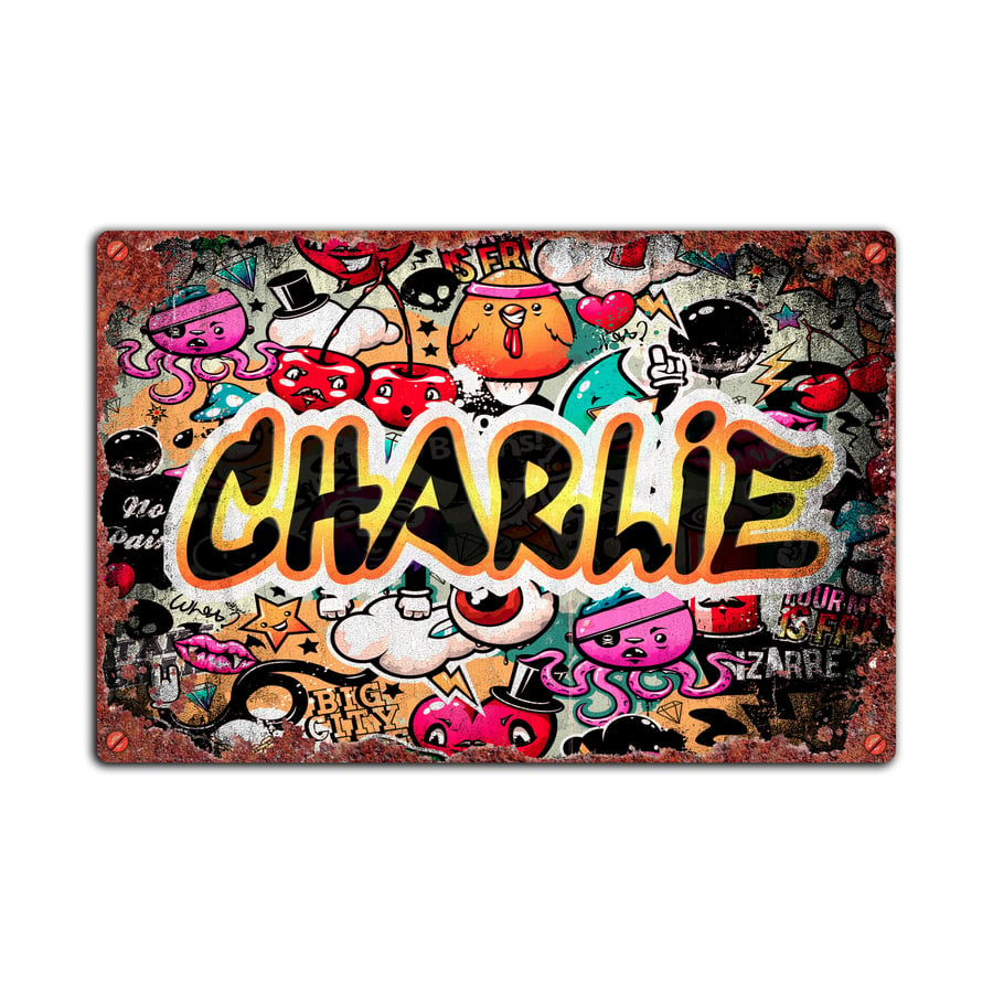 Personalised Bedroom Name Plaque, Graffiti Style Metal Name Plaque