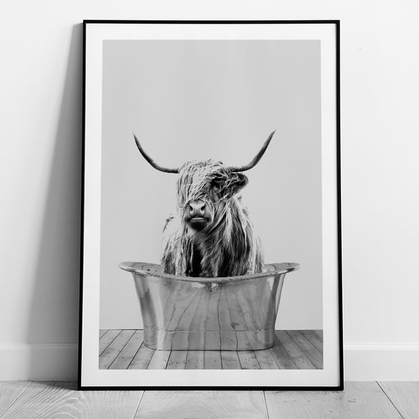 Highland Cow in bath Art Print, Cow Print, Black and White Wall Art