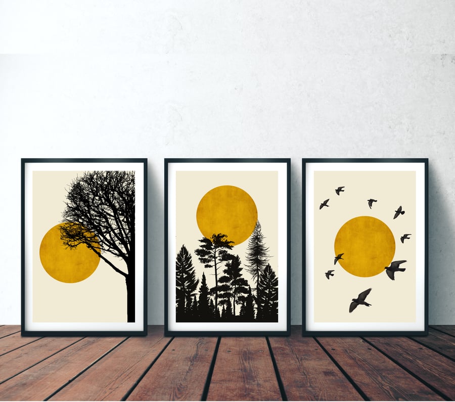 Set of Three Minimal Art Prints, Gold Sun and Trees Wall Art, Gallery Wall Print