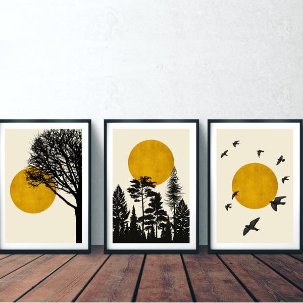 Set of Three Minimal Art Prints, Gold Sun and Trees Wall Art, Gallery Wall Print