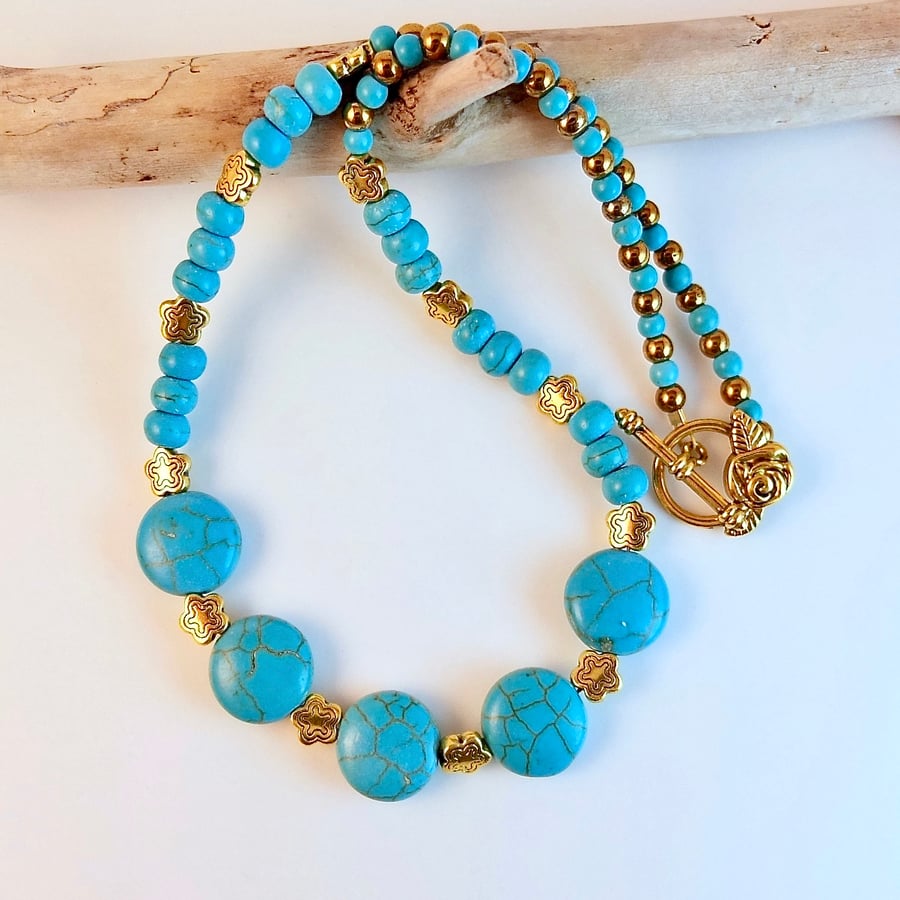 Turquoise And Gold Necklace, Handmade In Devon, Free UK Delivery.