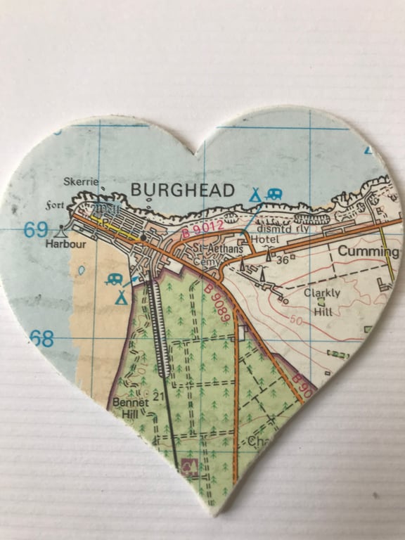 BURGHEAD Vintage map art. 4” white frame. Scottish places. 