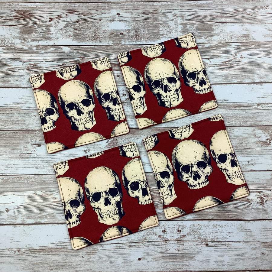 Skulls coaster set, Gothic fabric coaster set of 4, Handmade