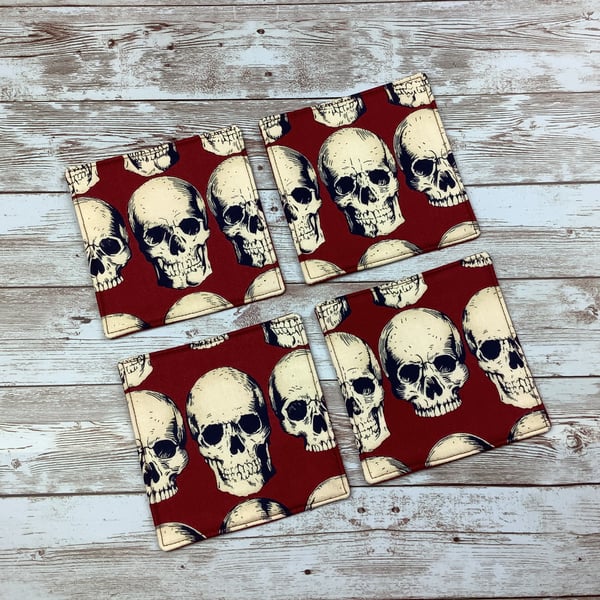 Skulls coaster set, Gothic fabric coaster set of 4, Handmade