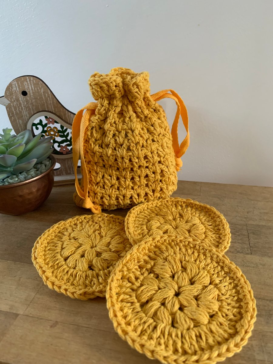 Reusable crocheted face scrubbies with matching bag