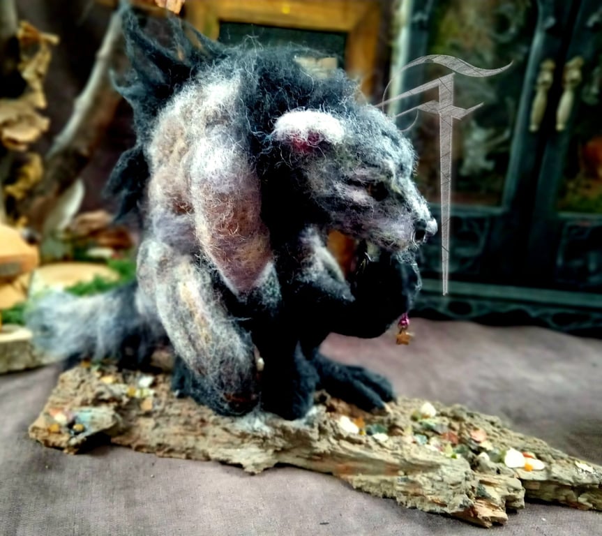 Large needlefelt fantasy werewolf sculpture 