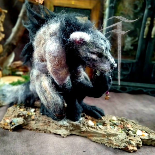 Large needlefelt fantasy werewolf sculpture 