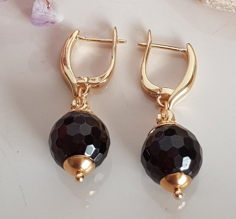 Garnet earrings, gold plated drop earrings, handmade gift for her