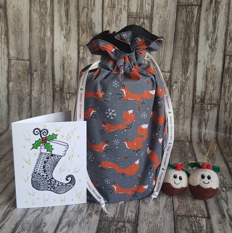 Christmas Fox Reusable Gift Bag - Drawstring Gift And Storage Bag
