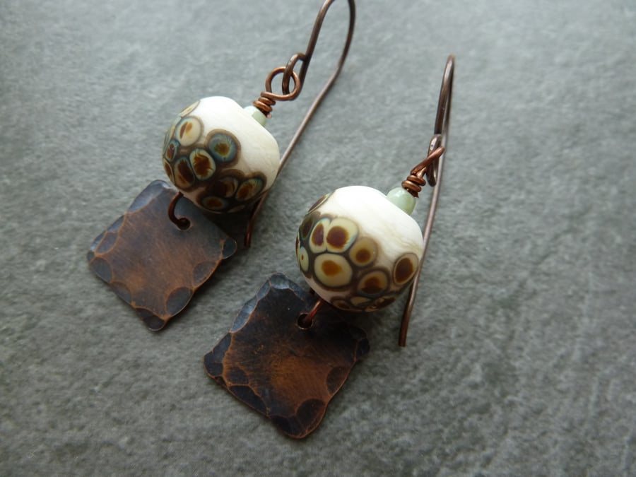 copper earrings, ivory lampwork glass