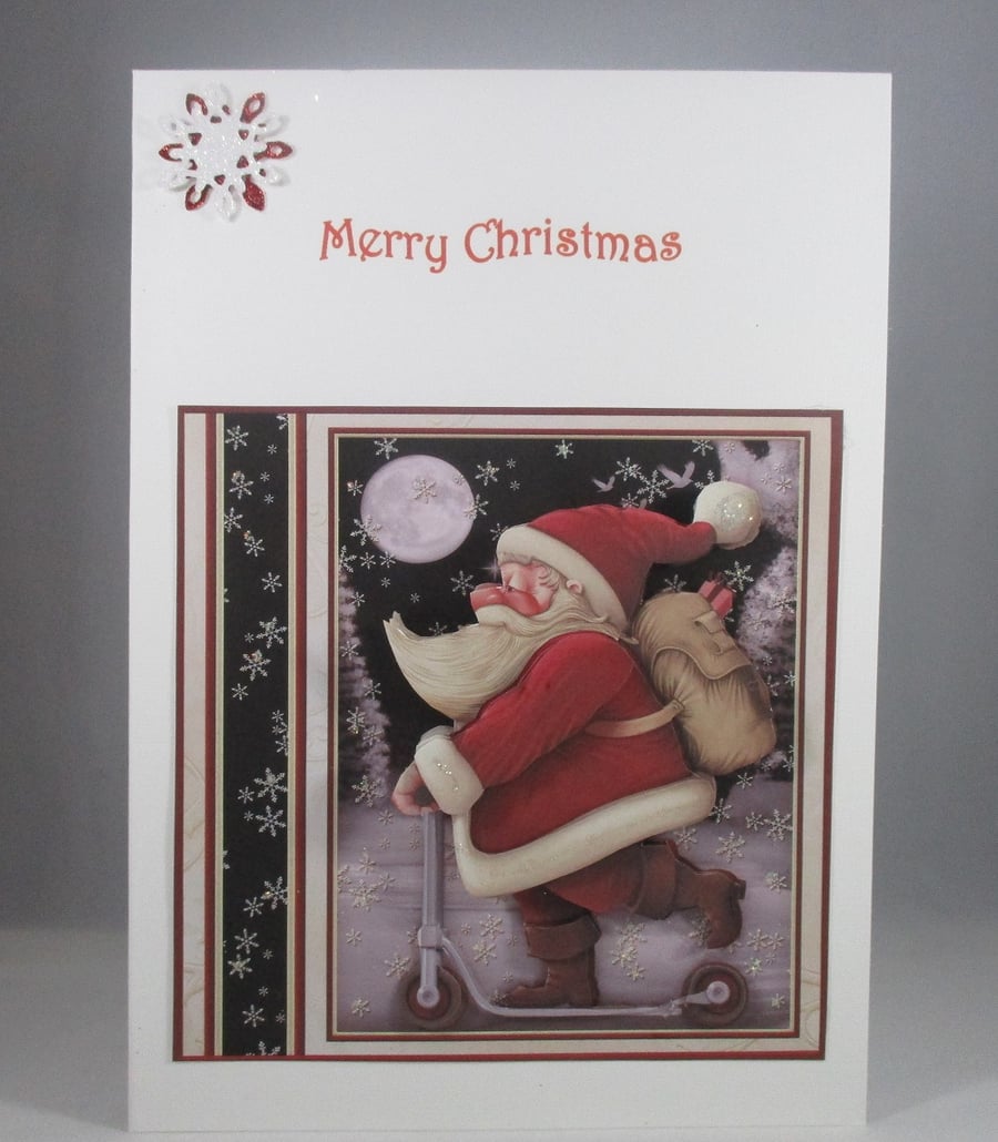 Decoupage,3D Santa Claus on Scooter Christmas Card,Personalise