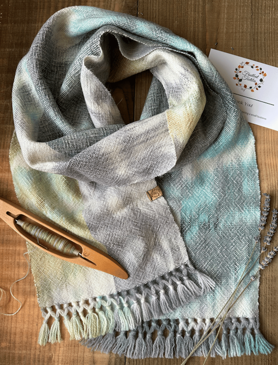 'Winter Falls' Hand Painted & Woven British Wool Scarf with Hand Tied Tassels
