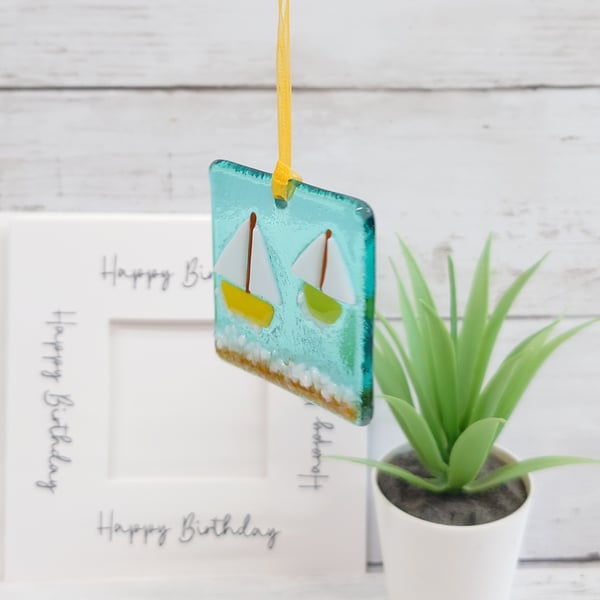 Fused Glass Sailing Boat Keepsake Card 